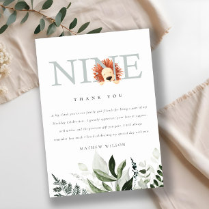 Carte De Remerciements Cute Dusky Blue Lion Foliage 9e Anniversaire