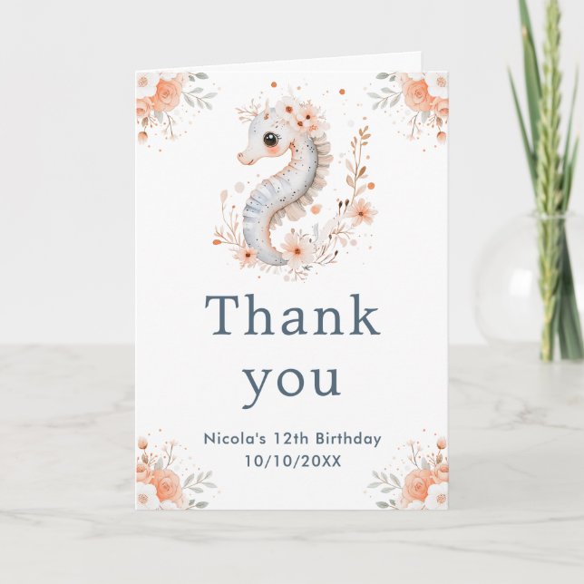 Carte De Remerciements Cute Floral Seahorse fête d'anniversaire (Devant)
