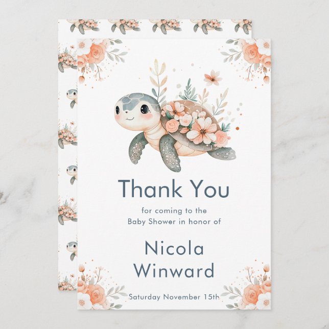 Carte De Remerciements Cute Floral Turtle Baby Shower (Devant / Derrière)