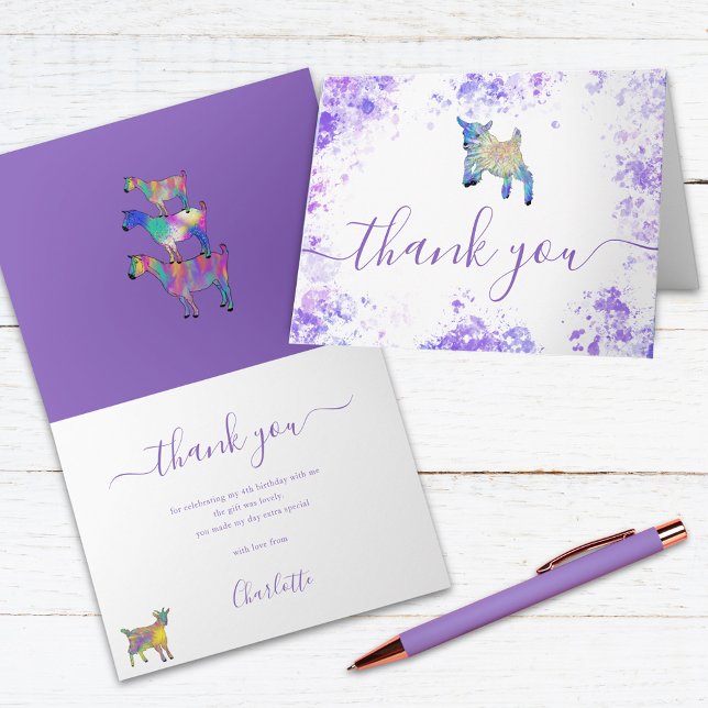 Carte De Remerciements Cute Goats Farm Birthday Party (Colorful Watercolor goat farm theme kids birthday party thank you card)