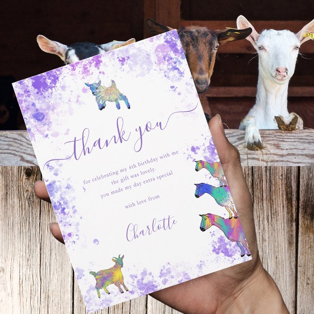 Carte De Remerciements Cute Goats Farm Birthday Party Thank You (Colorful watercolor Goat farm themed 4th birthday party thank you card)