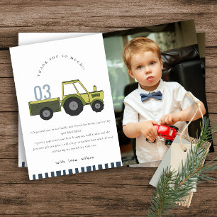 Carte De Remerciements Cute Green Blue Farm Tracteur Enfants Photo Annive