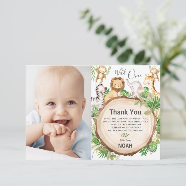 Carte De Remerciements Cute Green Jungle Animaux Anniversaire Photo (Debout devant)
