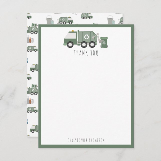 Carte De Remerciements Cute Green Recycling Véhicules Camion Enfants Nom (Devant / Derrière)