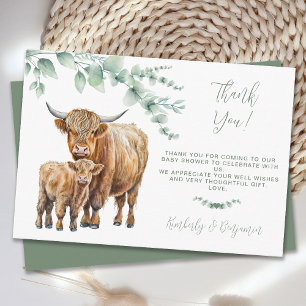 Carte De Remerciements Cute Highland Végétation Vache Baby shower Eucalyp