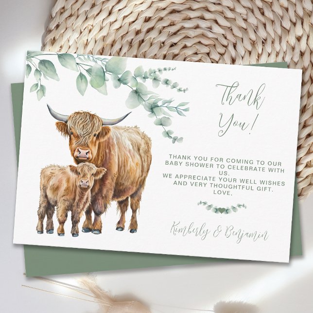 Carte De Remerciements Cute Highland Végétation Vache Baby shower Eucalyp (Créateur téléchargé)