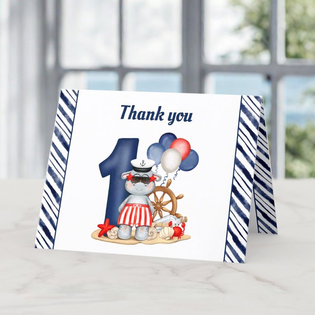 Carte De Remerciements Cute Hippo Marine Nautique Bleu 1er anniversaire g (Cute Hippo Nautical Navy Blue 1st Birthday Boy Thank You Card)