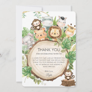 Carte De Remerciements Cute Jungle Animaux La verdure 1er anniversaire