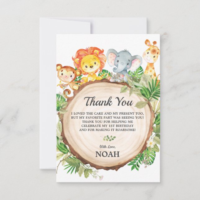 Carte De Remerciements Cute Jungle Animaux Safari 1er anniversaire (Devant)