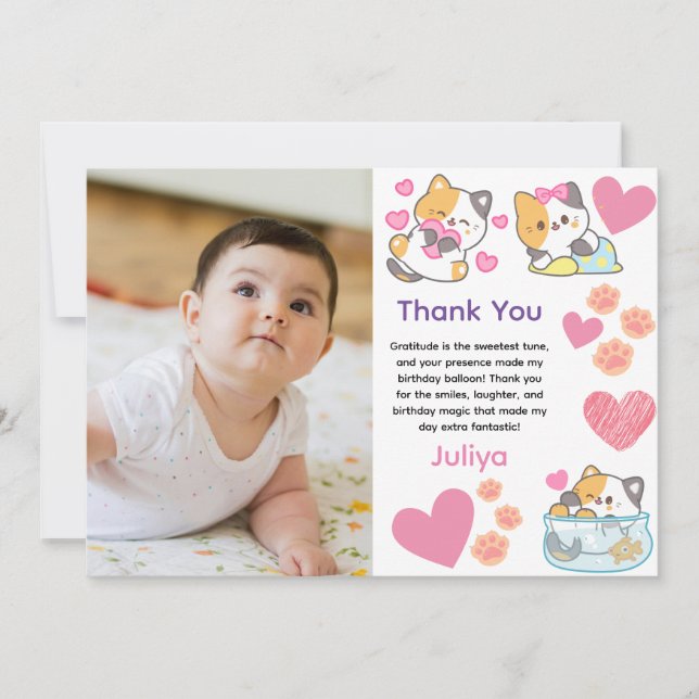 Carte De Remerciements Cute kitty avec bébé photo anniversaire (Devant)