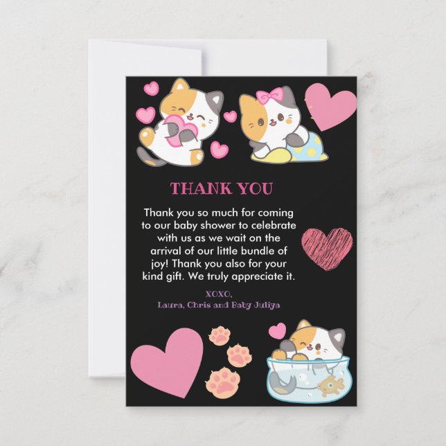 Carte De Remerciements Cute kitty noir et rose baby shower (Devant)