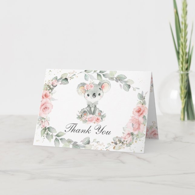 Carte De Remerciements Cute Koalas rose Floral Baby shower fille (Devant)