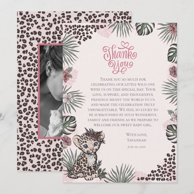 Carte De Remerciements Cute Leopard Safari Girl Baby Shower (Devant / Derrière)