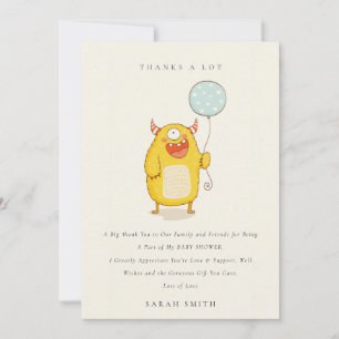 Carte De Remerciements Cute Little Aqua Jaune Happy Monster Baby shower