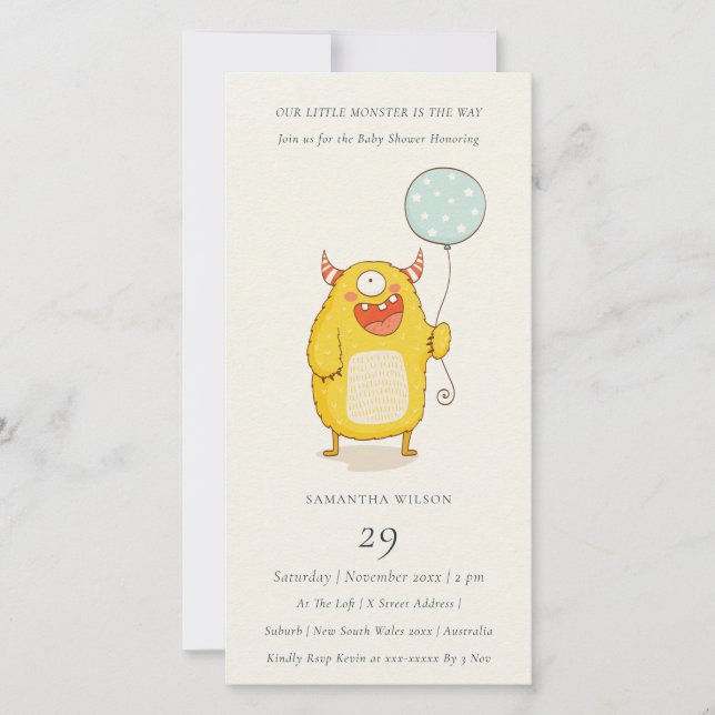 Carte De Remerciements Cute Little Aqua Yellow Monster Baby shower Invita (Devant)