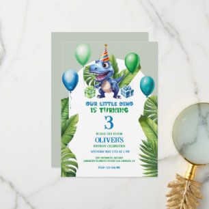 Carte De Remerciements Cute Little Blue Birthday Dino Tropical Frame