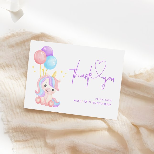 Carte De Remerciements Cute Magical Unicorn Purple Girls Birthday (Créateur téléchargé)