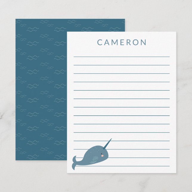 Carte De Remerciements Cute Narwhal en bleu Personnalisé Enfants Linked (Devant / Derrière)