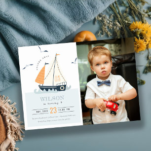 Carte De Remerciements Cute Nautical Sailboat Kids Photo Anniversaire Inv