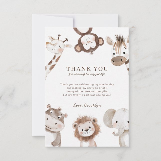 Carte De Remerciements Cute Neutral Safari Jungle 1er Anniversaire (Devant)
