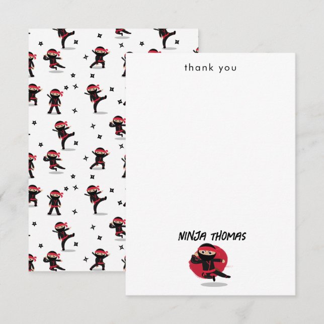 Carte De Remerciements Cute Ninja Warrior noir et rouge Nom personnalisé  (Devant / Derrière)