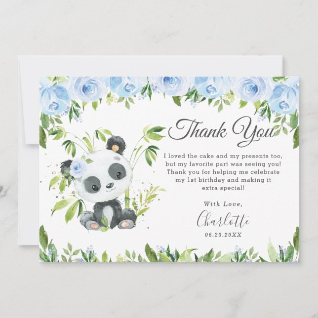 Carte De Remerciements Cute Panda Bleu Floral Verdure fête d'anniversaire (Devant)