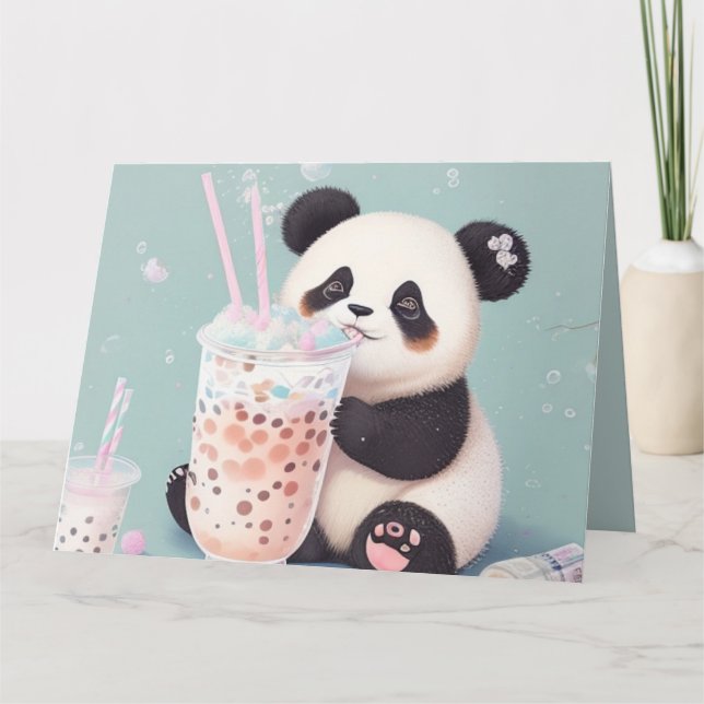 Carte De Remerciements Cute Panda boire du thé à bulle, du boba tea (Devant)