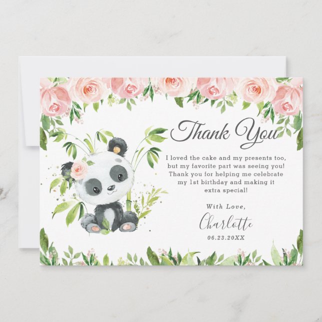 Carte De Remerciements Cute Panda rose Floral verdure fête d'anniversaire (Devant)