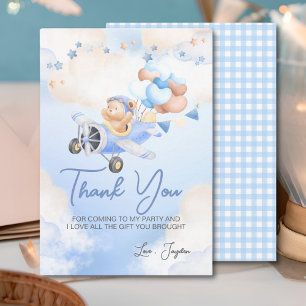 Carte De Remerciements Cute Pastel Bleu Brown Ours Bébé Sur Avion