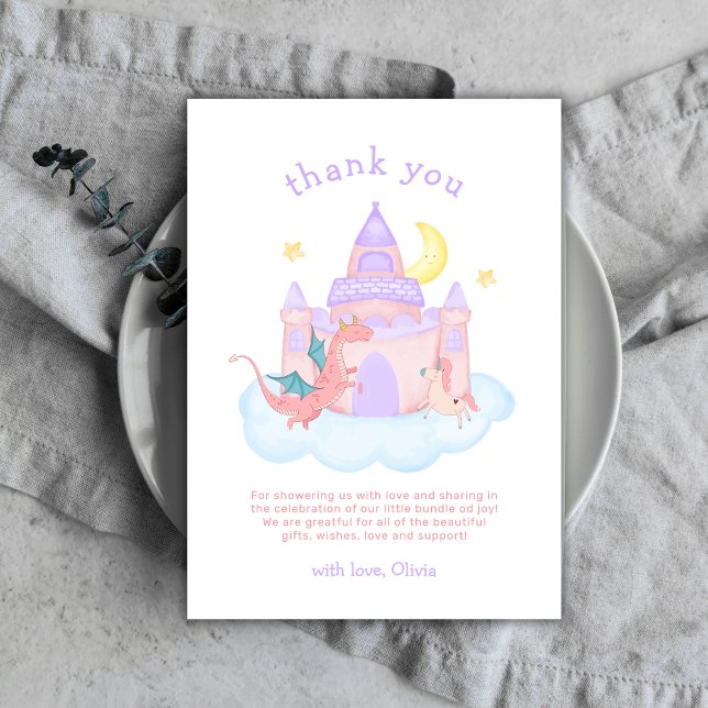 Carte De Remerciements Cute Pastel Fairytale Dragon Unicorn Baby shower (Cute Pastel Fairytale Dragon Unicorn Baby Shower Thank You Card)