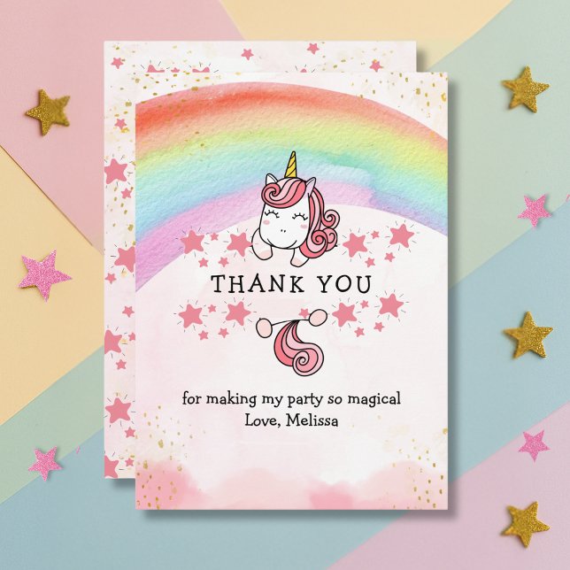 Carte De Remerciements Cute Pastel Unicorn & Rainbow Birthday Thank You   (Créateur téléchargé)