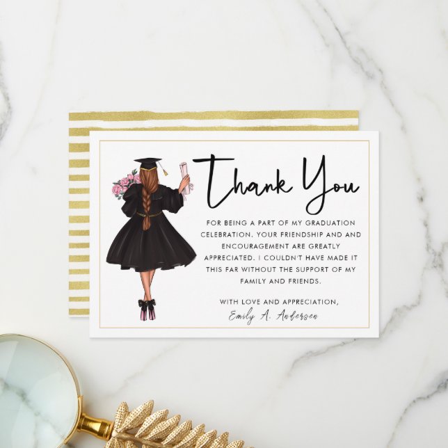 Carte De Remerciements Cute Personnalisée Moderne Aquarelle Girl Graduate (Devant/Arrière en situation)