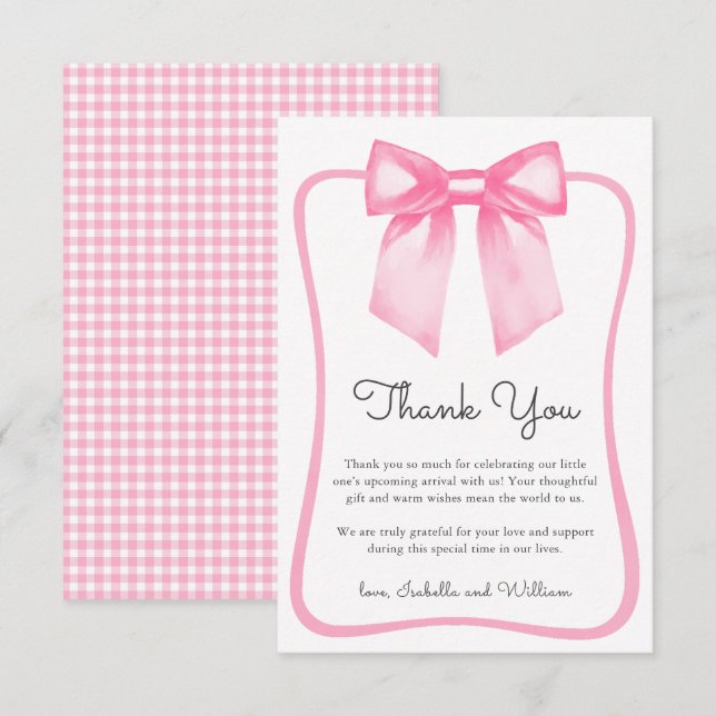 Carte De Remerciements Cute Pink Bow Baby Shower Thank You Card (Devant / Derrière)