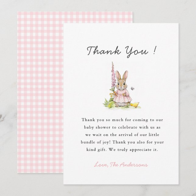 Carte De Remerciements Cute Pink Bunny Baby girl shower  (Devant / Derrière)