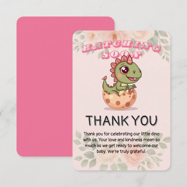 Carte De Remerciements Cute Pink Dino Hatching Soon (Devant / Derrière)