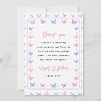 Carte De Remerciements Cute Pink Purple Butterfly 1st Birthday for Girls