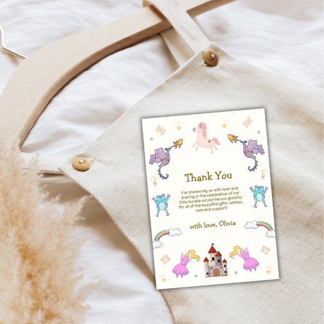 Carte De Remerciements Cute Princess Dragon Unicorn Baby shower (Cute Princess Dragon Unicorn Baby Shower Thank You Card)