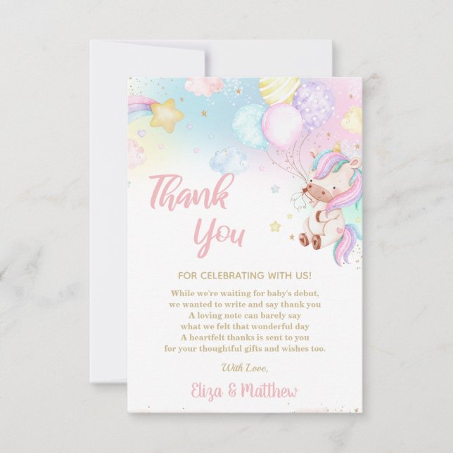 Carte De Remerciements Cute Rainbow Unicorn Baby shower fille Anniversair (Devant)