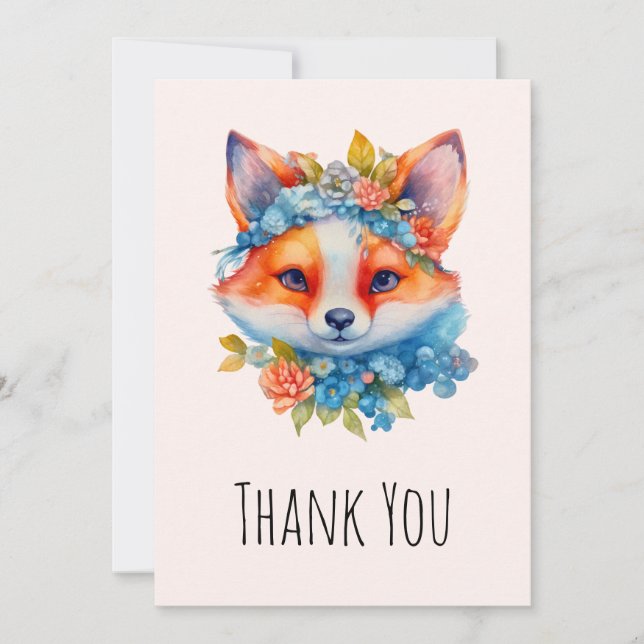 Carte De Remerciements Cute Renard orange avec Couronne florale (Devant)