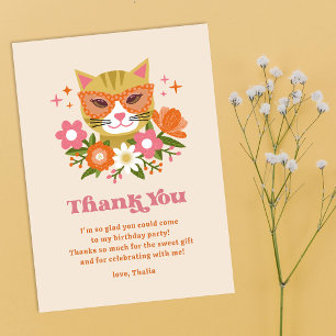 Carte De Remerciements Cute Retro Floral Fille Chat Anniversaire