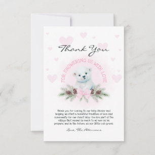 Carte De Remerciements Cute Rose Bow Bear Cub Girl Baby shower d'hiver