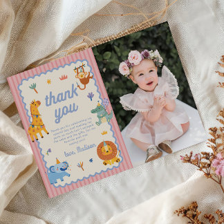 Carte De Remerciements Cute Safari Animals Girl 1st Birthday Photo