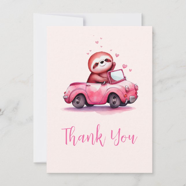 Carte De Remerciements Cute Sloth in a Pink Convertible (Devant)