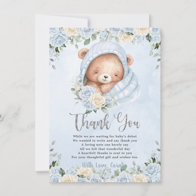 Carte De Remerciements Cute Teddy Bear Blue Floral Bundle Baby shower gar (Devant)