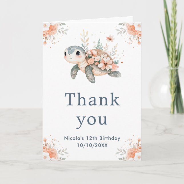 Carte De Remerciements Cute tortue florale fête d'anniversaire (Devant)