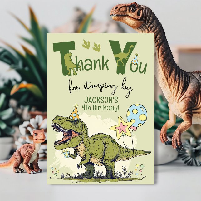 Carte De Remerciements Cute TRex Dinosaur Four-Rex Boy 4th Birthday Party (Funny custom name Four-Rex Dinosaur Jurassic green Dino 4th birthday party thank you for stomping by)