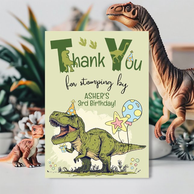 Carte De Remerciements Cute TRex Dinosaur Three-Rex 3rd Birthday Party (Funny custom name Three-Rex Dinosaur Jurassic green Dino 3rd birthday party thank you stomping card)