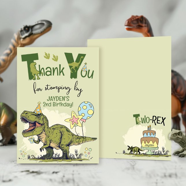 Carte De Remerciements Cute TRex Dinosaur Two-Rex Boy 2nd Birthday Party (Cute Two-Rex T-Rex Dinosaur second Jurassic Dino 2nd boy birthday party thank you stomping by invite)