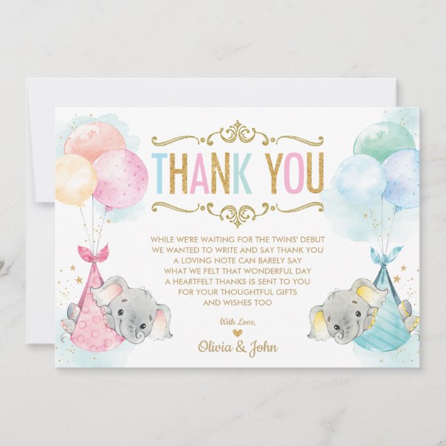 Carte De Remerciements Cute Twins Baby Boy Girl Elephant Baby shower (Devant)