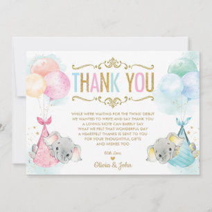 Carte De Remerciements Cute Twins Baby Boy Girl Elephant Baby shower